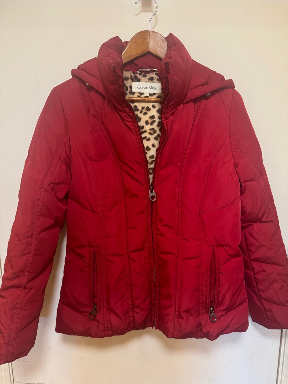 Calvin Klein Women's Scarlet Red Quilted Puffer Coat with Leopard Lining